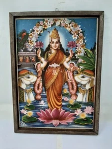 Antique Hindu Goddess Of Wealth Lakshmi On Lotus Lithograph Print Framed 14 x 10 - Picture 1 of 6