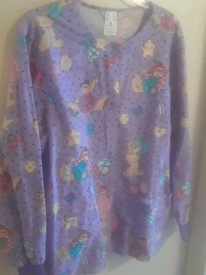 Cherokee Warm-Up Scrub Jacket M Purple Teddy Bears Balloons Snaps Pockets EUC - Image 1 of 4