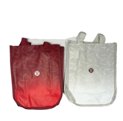 Lululemon Reusable Shopping Gift Bag Yoga Logo Small Tote Lot 2 Off White & Red