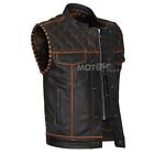 Men's Black Leather Vest Diamond Motorbike Motorcycle Concealed Orange Waistcoat