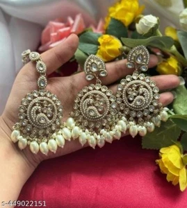 Pendientes de novia indios Bollywood enchapados en oro con conjunto de pendientes Mangtikka tendencia - Imagen 1 de 2