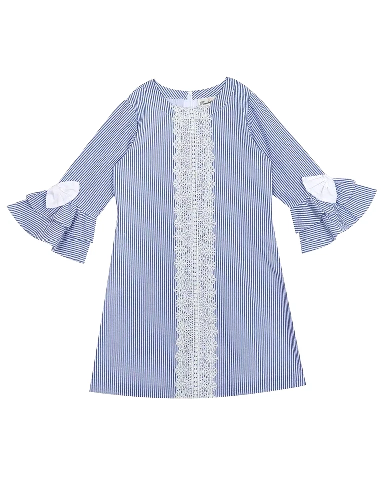NWT Rare Editions Girls 5 Blue Stripe Bows Lace Ruffle Bell Sleeve Dress - Image 1 of 1