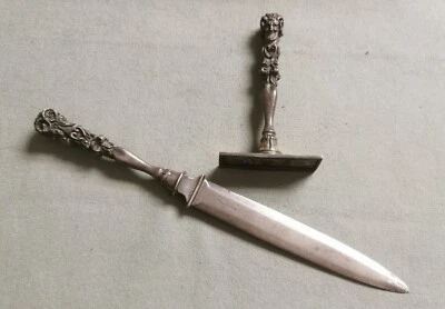 Raspini Rare Letter Opener and Desk Stamp Set Aries Head Design 925 Silver Good - Immagine 1 di 4