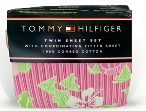 Tommy Hilfiger Twin Sheet Set 2002 Pink Green Fish Bamboo NEW Tropical Beach - Picture 1 of 11