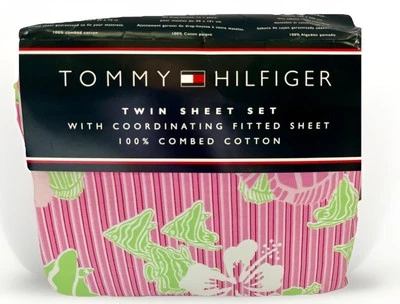 Tommy Hilfiger Twin Sheet Set 2002 Pink Green Fish Bamboo NEW Tropical Beach - Image 1 of 4