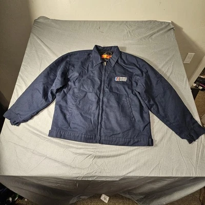 Men's Quilt Lined Blue Canvas Collared Zip Up Work Jacket UTI College Logo XL - Image 1 of 4