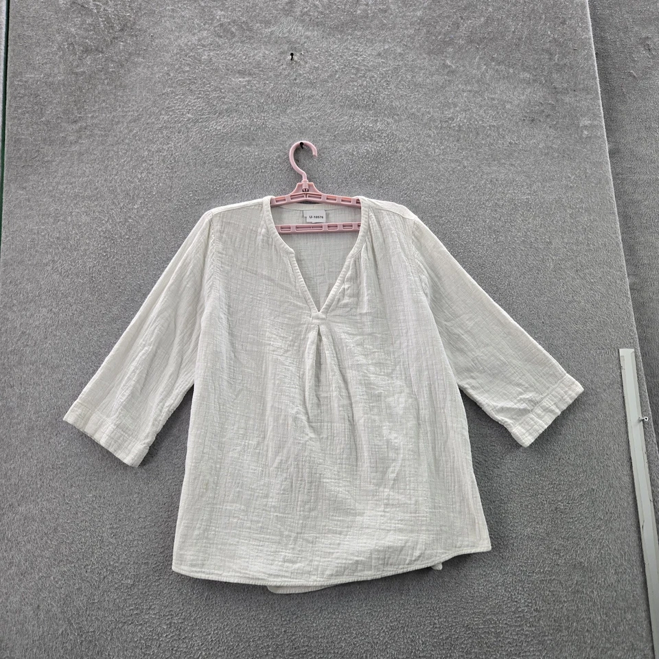 J Jill Women Blouse L White V-Neck Pullover Lagenlook 3/4 Sleeve - Image 1 of 4