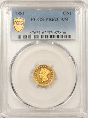 1881 $1 PROOF GOLD DOLLAR - PCGS PR-62 CAM, RARE CAMEO PROOF! MINTAGE 87! - Image 1 of 3