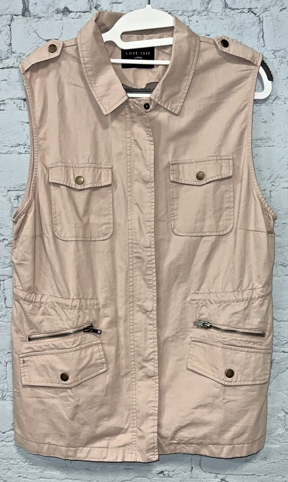 Love Tree Women’s Utility Vest Size Large Blush Drawstring Zip Button Pockets - Image 1 of 4