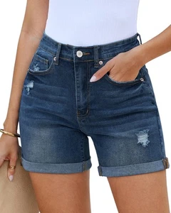 Blue Jean Shorts Women High Waisted Trendy Long Stretchy Denim Shorts Distres... - Picture 1 of 6