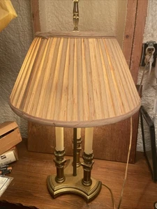 Vtg MCM French Brass Bouillotte Lamp, 3 Candlestick, 2 Bulb W/ SmockShade 25" VG - Picture 1 of 9