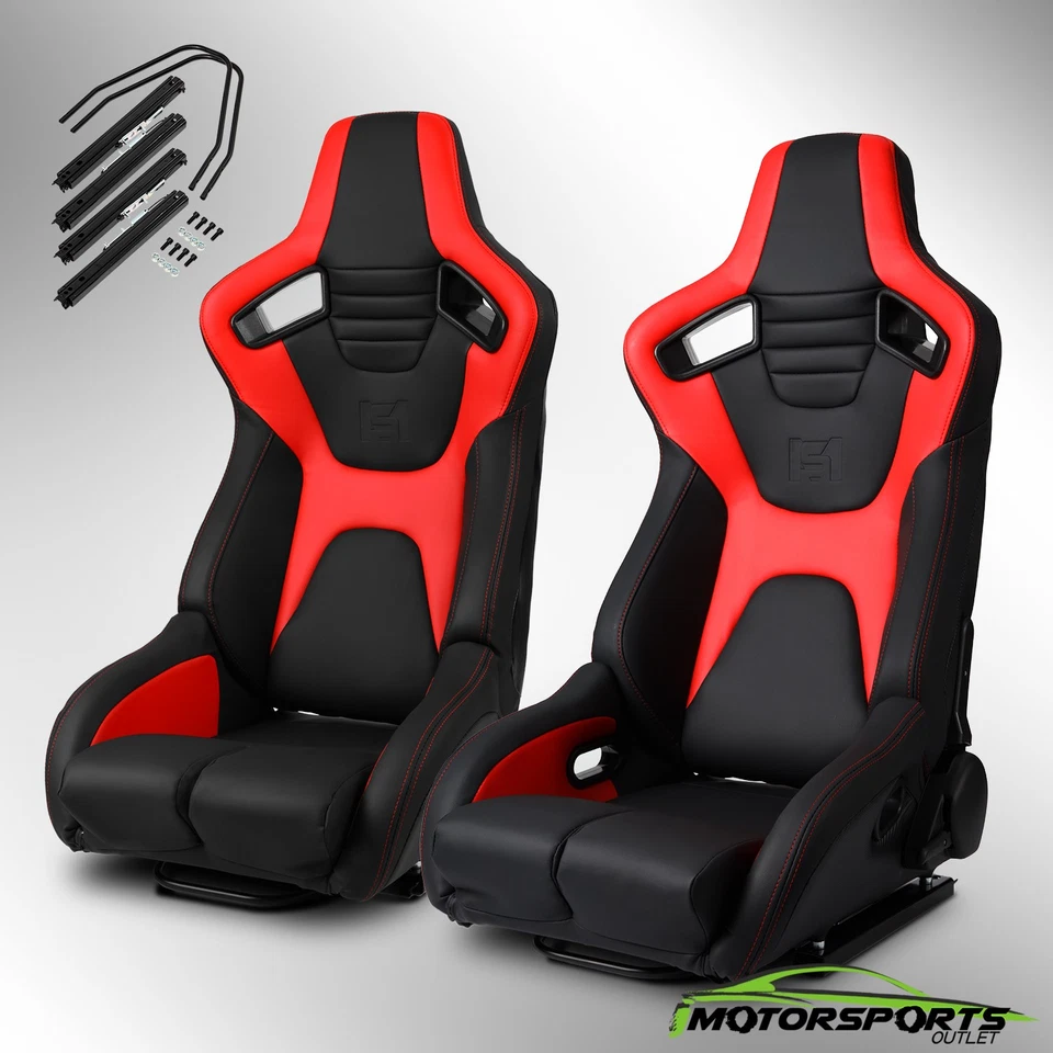 Universal PVC Reclinable Black+Red Sport Racing Seats Pair With Slider Foto 1 de 4