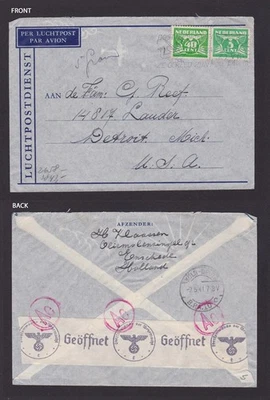 НИДЕРЛАНДЫ 1941, обложка в Детройт США, авиапочта, цензура - Изображение 1 из 3