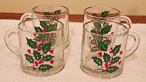 INDIANA GLASS Vtg Holly Berry Christmas Eggnog Hot Chocolate Mugs~~Set of 4 - Picture 1 of 7