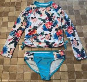 Girls Pipeline Swimsuit Size 8 White Floral Blue 2 Piece Set - Picture 1 of 4
