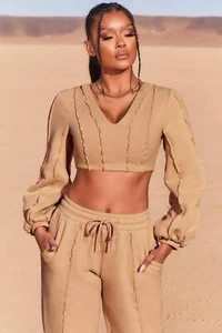 Oh Polly Top Womens Brown Crop Long Sleeve Bardot V Neck (TOP ONLY) - Imagen 1 de 11