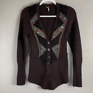 Free People Sweather Size Small Brown Beaded & Lace V-Neck Button Down - Picture 1 of 13