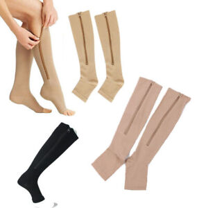 Zip Up Compression Socks High Leg Support Knee Slimming Stocking Open Toe Unisex