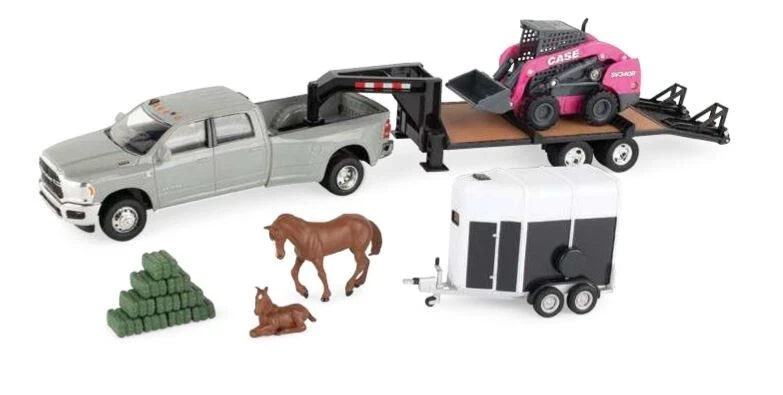 1/32 CASE Hobby Set w/ Pickup, Trailers, PINK SV340B Skid Steer, Horses ZFN47431 - Image 1 of 1