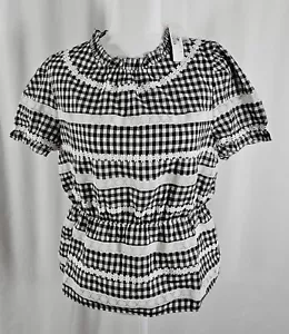 New J Crew Womens Blouse Black White Checks Short Sleeve Lace Cotton Medium - Picture 1 of 7