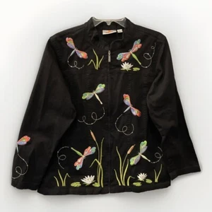 Quacker Factory Womens Jacket Size L Black Dragonfly Embroidered Flower Zip-Up - Picture 1 of 14