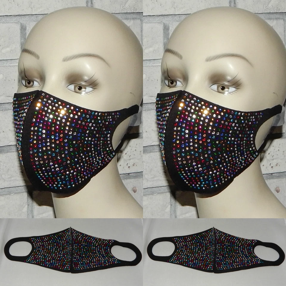 LOTE DE 2 MASCARILLAS ELÁSTICAS LAVABLES CUENTAS MULTICOLORES BRILLO BLING INDIANA Foto 1 de 1