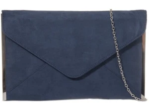 Ladies Faux Suede Navy Clutch Bag Slim Evening Bag Envelope Purse Shoulder Bag - Picture 1 of 3