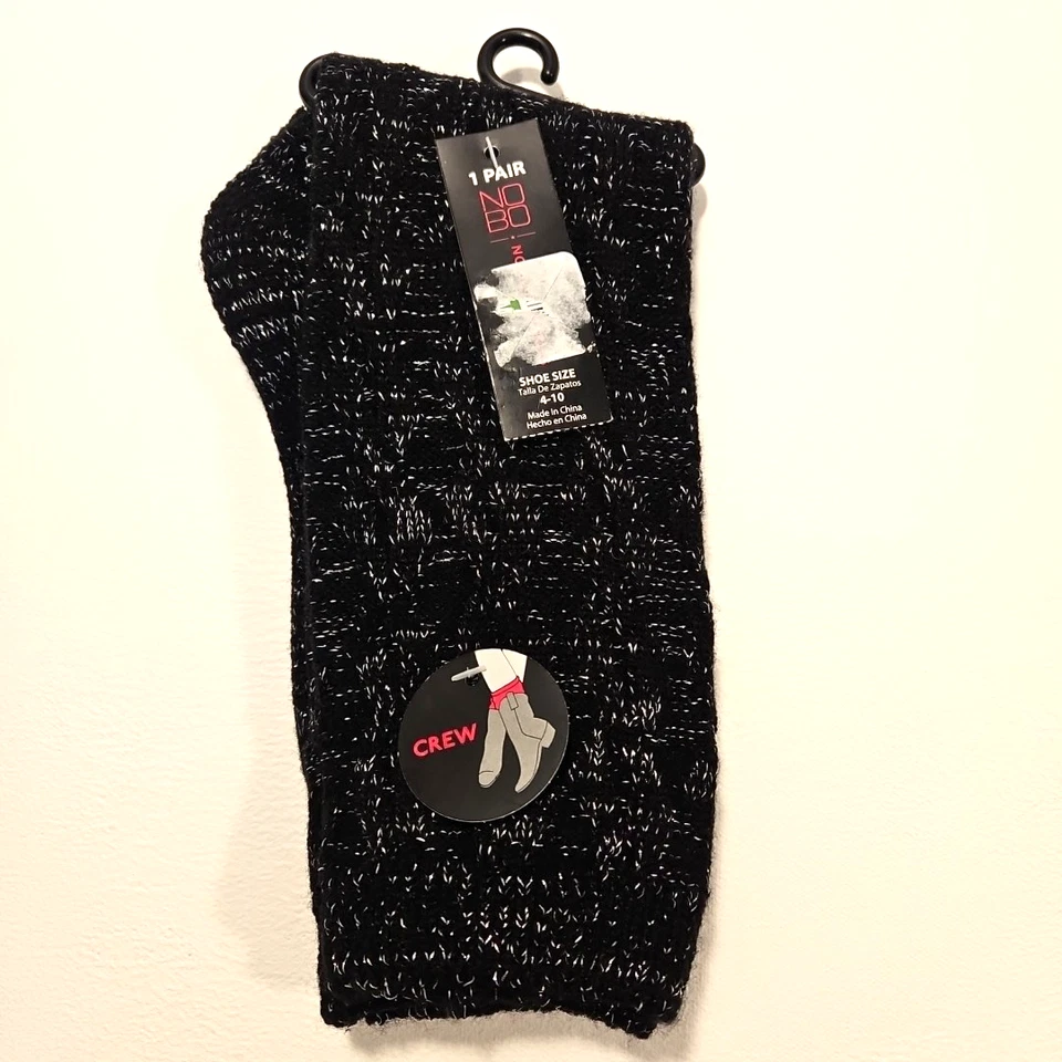 NWT Women's NOBO Crew Boot Socks Black with Metallic Silver Size 4-10 - Image 1 of 4