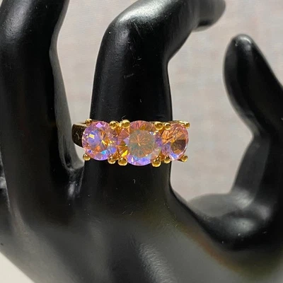 Золотистое кольцо с тремя камнями овальной огранки розовое северное сияние заявление кольцо размер 8,75 - Изображение 1 из 4