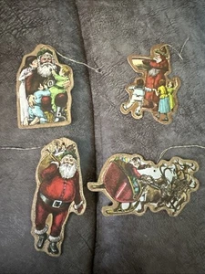 Vintage Balsa Wood Die Cut Christmas Ornaments Set Of 4 Santa Claus - Picture 1 of 2