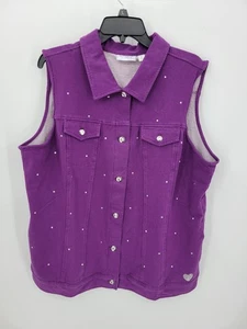 Quacker Factory Vest Womens XL Purple Bling Button Up Pockets Artsy Boho - Picture 1 of 10