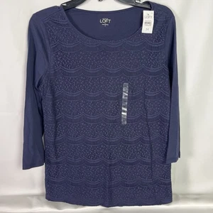 Ann Taylor Loft Embroidered Eyelet Long Sleeve Navy Blouse Medium NWT - Picture 1 of 7