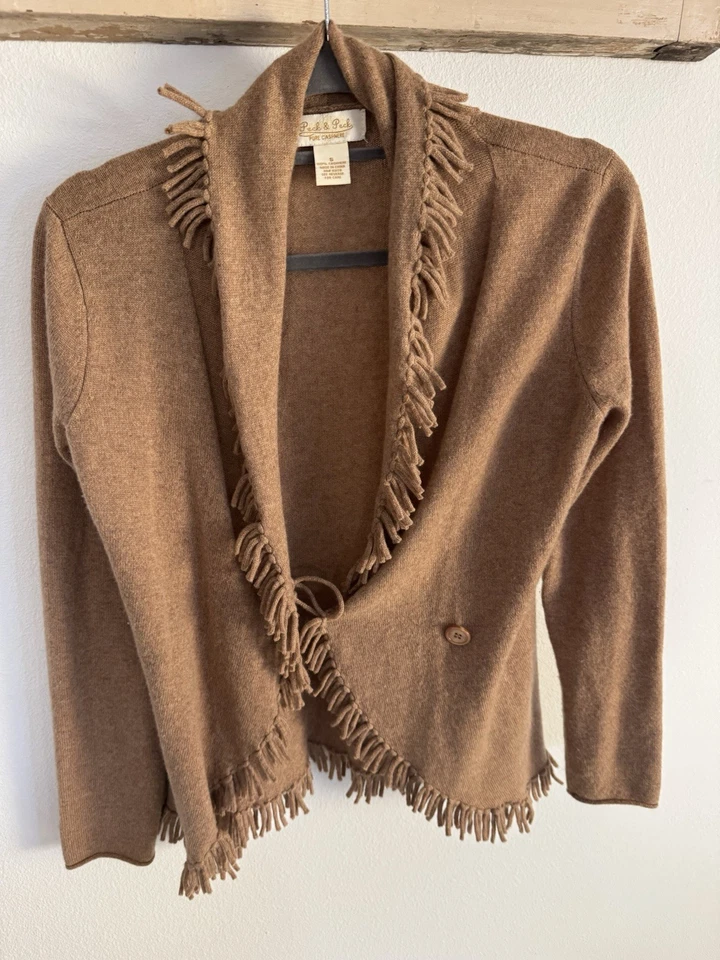 Cárdigan suéter con flecos de cachemir puro Peck & Peck para mujer talla S camel frente abierto Foto 1 de 4