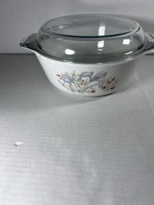 Vintage Pyrex Blue Iris Round Milk Glass Casserole Dish England - Picture 1 of 13