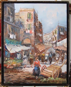 VINTAGE 1980'S SIGNED FRAMED IMPRESSIONIST OIL OLD EUROPEAN MARKET STREET SCENE - Picture 1 of 24