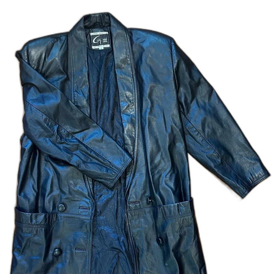 Gabardina de cuero vintage G-III negra chaqueta larga identidad global Corea S Foto 1 de 4