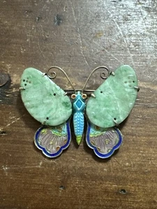 Vintage Chinese Export Silver Jade & Enamel Butterfly Brooch Pin – Marked SILVER - Picture 1 of 4