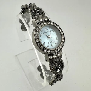 Chao Xing Watch Womens Quartz Blue Dial Rhinestone Bezel Filigree Bracelet Cuff - Picture 1 of 12