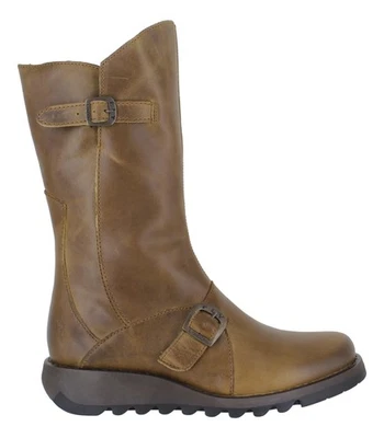 Stivali donna Fly London Mes 2 cammello zeppa tacco pelle fibbia metà polpaccio - Immagine 1 di 2