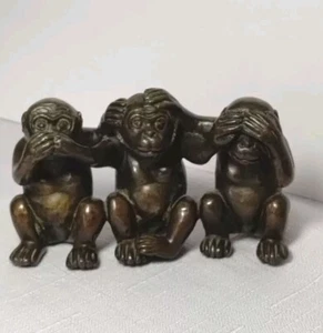 Chinese Bronze Monkeys See Hear Speak No Evil Wise Monkeys 3.5" x 2.25" - Picture 1 of 6