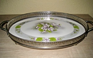 Antikes Tablett Keramik mit Nickel Montur ca.1920-40 zartes Blumenmuster 21x28cm - Bild 1 von 6