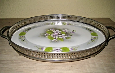 Antikes Tablett Keramik mit Nickel Montur ca.1920-40 zartes Blumenmuster 21x28cm - Bild 1 von 4