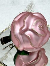 VTG Blown Glass Clip On Glittered Soft Pink Rose Christmas Ornament Germany 🩷