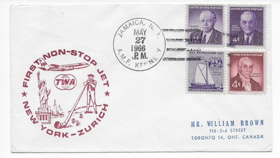 1966 TWA First Flight Cover Jamaica NY to Zurich Switzerland Toronto Canada - Image 1 of 1