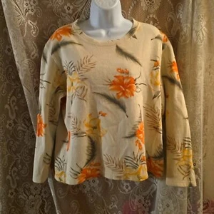 Caribbean Joe Women's L Tropical Peach Yellow Floral Boxy Crop 3/4 Sleeve Top - Picture 1 of 10