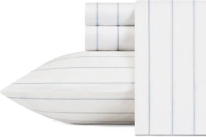 NAUTICA Skipper Island 3 Piece Twin Sheet Set 100% Cotton White Blue Gray Stripe - Picture 1 of 2