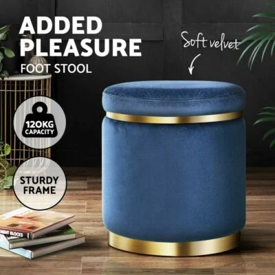 Round Velvet Ottoman Foot Stool Foot Rest Padded Seat Bedroom Footstool Blue New - image 1 of 4