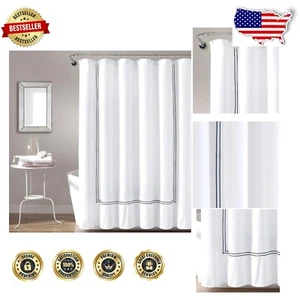 Luxury Hotel Collection Shower Curtain 72" x 72" in White & Navy with Embroidery - Picture 1 of 11