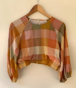 Petal and Pup Womens Size 12 Linen Long Sleeve Cropped Check Top Blouse - Picture 1 of 10