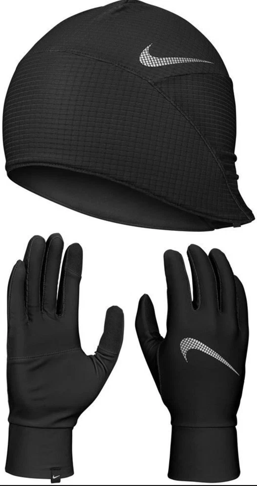 Nike Essentials Mens Running Hat And Glove Set Black Reflective Fleece Men's S/M